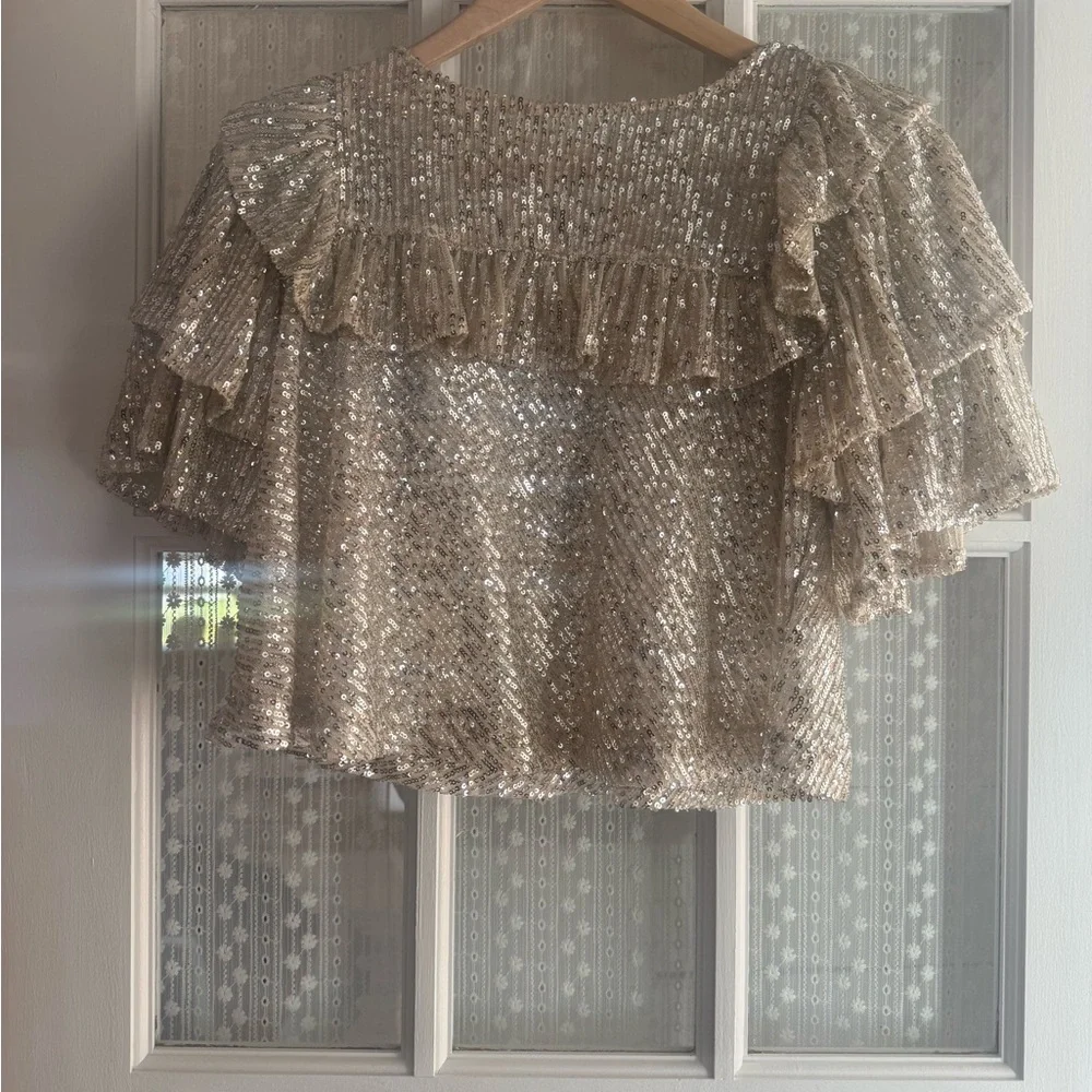 Free People Gold Sequin Ruffle Short Sleeve Top - Picture 8 of 10